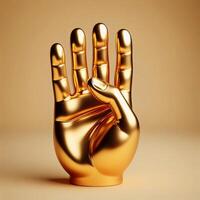 ai genererad 3d guld trofén hand skulptur som visar de siffra fyra med finger, hand gest mot en mjuk beige bakgrund. foto