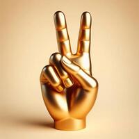 ai genererad 3d guld trofén hand skulptur som visar de siffra två med mitten och index finger, fred tecken gest mot en mjuk beige bakgrund. foto