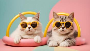 ai genererad två katter bär solglasögon på en färgrik bakgrund foto