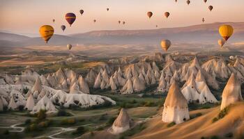 ai genererad många varm luft ballonger är flygande över en dal foto