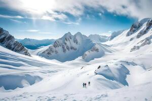 ai genererad människor gående upp en snöig berg foto