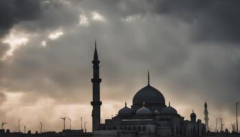 ai genererad en stor moské med en torn i de mitten av en molnig himmel foto