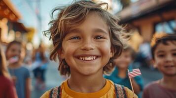 ai genererad ung pojke innehav små amerikan flagga foto