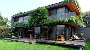 ai genererad hus täckt i fönster och växter foto