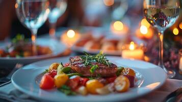 ai genererad ett elegant skott av människor dining i en eleganta restaurang, med vackert pläterad maträtter foto