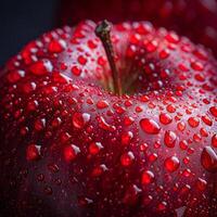 ai genererad röd äpple med vatten droppar foto