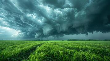 ai genererad stor fält av grön gräs under molnig himmel foto