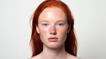 ai genererad skön ung flicka med röd hår, fräknar och problematisk hud med rodnad. foto