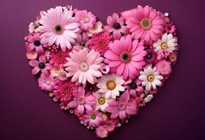 ai genererad en rosa blomma hjärta anordnad i rosa blomma motiv foto