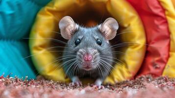 ai genererad grå råtta Sammanträde inuti färgrik tunnel foto