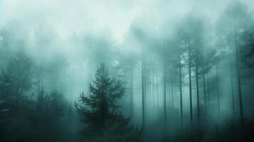 ai genererad en minimalistisk fotografera av en dimmig skog, med lång träd fading in i de dimma och en mjuk foto