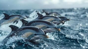 ai genererad grupp av delfiner Hoppar ut av de vatten foto