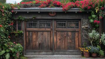 ai genererad en trä- garage dörr med en riden Avsluta, tillsats karaktär till en charmig lantlig stil Hem foto