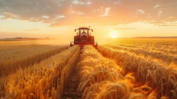 ai genererad en traktor förare skörd gröda, med fält av gyllene vete stretching ut till de horisont och de förare silhouetted mot de miljö Sol foto
