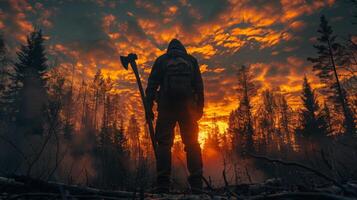 ai genererad en kraftfull bild av en silhuett av en skogsarbetare på solnedgång foto