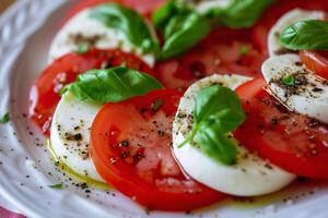 ai genererad caprese sallad med mogen tomater, mozzarella ost, färsk basilika och balsamisk glasyr foto