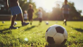 ai genererad ung spelare förlova sig i fotboll match på ljus grön fält. barn spelar fotboll spel foto