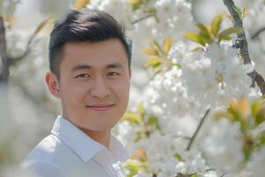 ai genererad Lycklig ung asiatisk man i blomning körsbär blommar, stänga upp foto