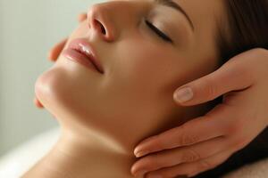 ai genererad ung kvinna njuter avkopplande ansiktsbehandling massage i en spa foto