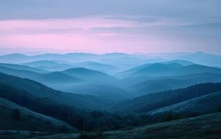 ai genererad solnedgång över dimmig blå bergen och skog foto