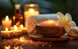 en lugn spa arrangemang terar himalayan salt, grundläggande oljor, frangipani blommar, och ljus foto