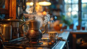 ai genererad en nostalgisk bild av en årgång kaffe pott bryggning kaffe över ett öppen flamma foto