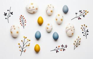 ai genererad färgrik påsk ägg med löv och vinstockar foto