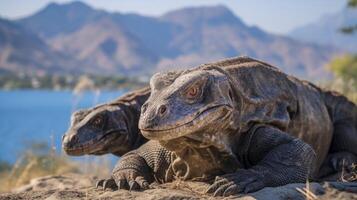 ai genererad komodo drakar sola i deras naturlig miljö foto