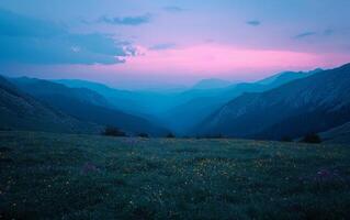 ai genererad solnedgång över dimmig blå bergen och skog foto
