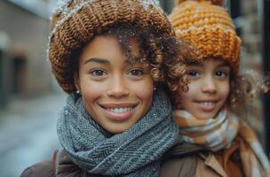 ai genererad en ung familj i ett urban gata leende tillsammans, grå och brun, stark ansiktsbehandling uttryck foto