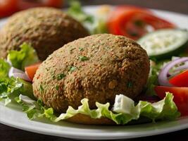 ai genererad falafel bollar och färsk grönsaker på de tallrik bröd på trä- tabell foto