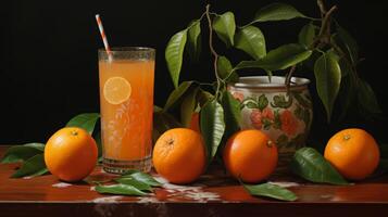 ai genererad färsk orange juice mitt i en citrus- foto