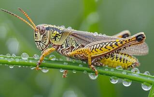 ai genererad en stänga upp bild visa upp de levande mönster på en gräshoppa foto