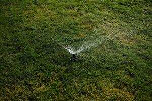 modern enhet av bevattning trädgård. bevattning systemet - Metod av vattning i de trädgård. gräsmatta sprinkler besprutning vatten över grön gräs. foto