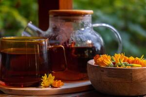 calendula blomma friska te i glas råna med te pott på trädgård tabell. ört- medicin utsökt kisligt te med färsk gul blomma maskros blommor te kopp. grön clearing infusion vild eco vänlig hållbar äter foto