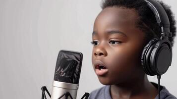 ai genererad en svart liten pojke bär hörlurar medan sång i främre av mikrofon mot vit bakgrund, bakgrund bild, generativ ai foto