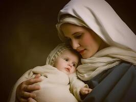 ai genererad mary kramas bebis Jesus, son av Gud, jul nativity scen foto