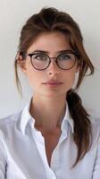 ai genererad fokuserade professionell, närbild av en affärskvinna bär glasögon, med en allvarlig och fokuserade uttryck som hon utseende direkt på de kamera, generativ ai foto