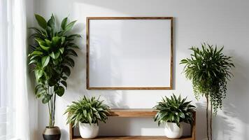 ai genererad interiör affisch attrapp med vertikal trä- ram och växter i vas på vit vägg bakgrund. - generativ ai illustration foto