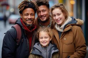 ai genererad familj i ett urban gata leende tillsammans, grå och brun foto