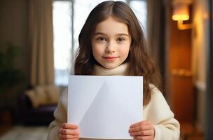ai genererad ung flicka innehav en tom vit papper nära målarfärger foto