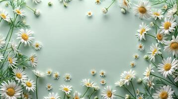 ai genererad ram tillverkad av kamomill vild på ljus grön bakgrund med kopia Plats. vild daisy blommig gräns isolerat foto