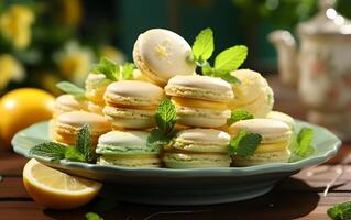 ai genererad hemlagad bageri citron- macaroons på platå efterrätt av franska av citrus- frukt foto