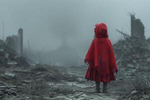 ai genererad en liten flicka i en röd dölja står i främre av en förstörd byggnad foto
