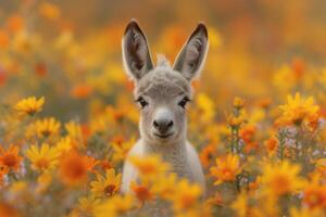ai genererad en bebis alpacka i en fält av blommor foto