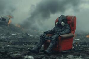 ai genererad en man i en gas mask Sammanträde i en stol foto