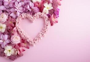 ai genererad rosa hjärta blomma ram med blommor på de bakgrund foto