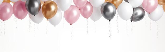 ai genererad vit bakgrund med rosa och silver- guld ballonger faller foto