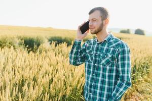 jordbrukare talande på mobil telefon i de fält på en solig dag foto