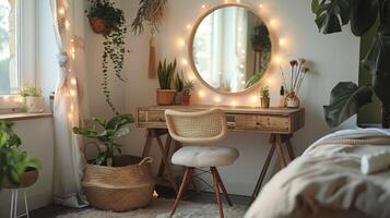 ai genererad modern sovrum med säng, skrivbord, spegel, och inlagd växter foto